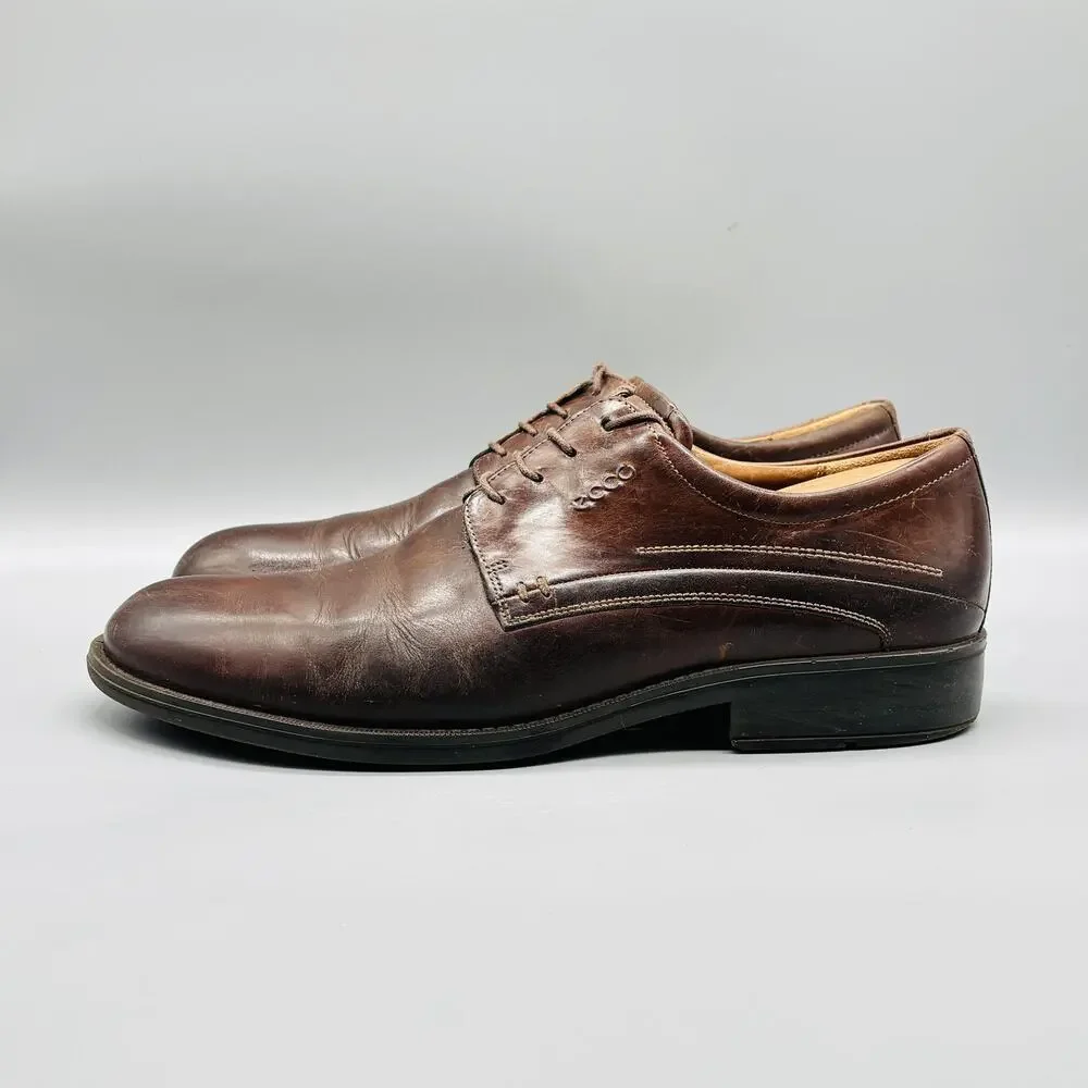 Ecco Shoes Mens 12.5 Brown Leather Lace Up Oxford Dress Plain Toe Comfort Casual